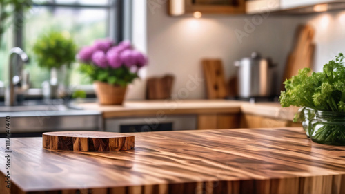 End grain wood counter top with cutting board on blur greeny flower garden in morning with nature light