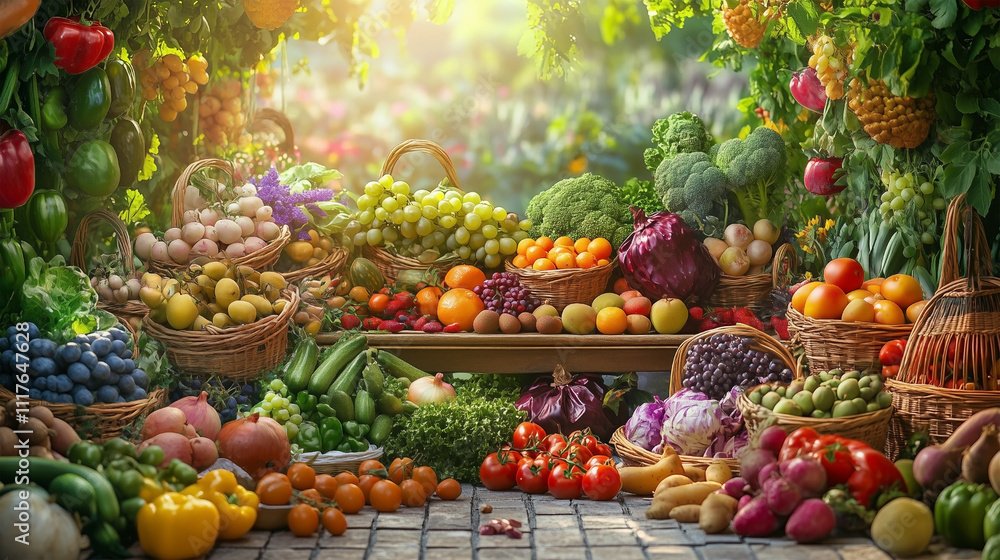 A table full of fruits and vegetables including apples, oranges, grapes A table full of fruits and vegetables including apples, oranges, grapes