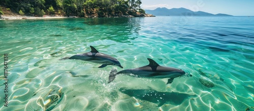 Two Dolphins Swimming in Turquoise Water