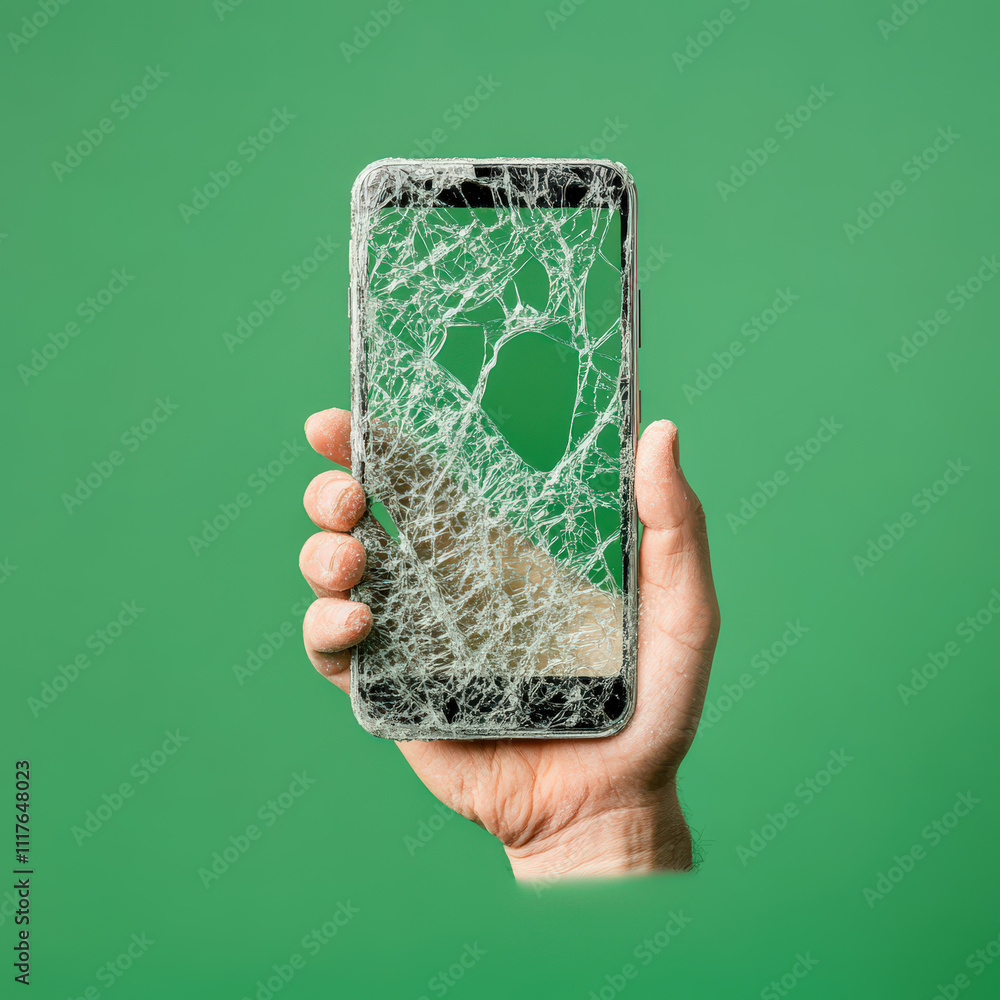 Hand holding a smartphone with a cracked screen against a vibrant green ...