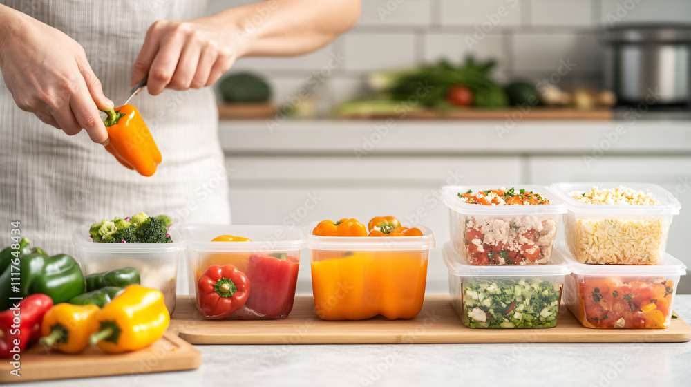 A vibrant kitchen setup showing a person slicing bell peppers on a cutting board next to prepped containers of meals with a balance of proteins and vegetables. The scene includes fresh produce A vibrant kitchen setup showing a person slicing bell peppers on a cutting board next to prepped containers of meals with a balance of proteins and vegetables. The scene includes fresh produce