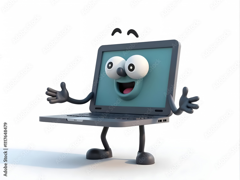 Cute 3D Cartoon Laptop Character with Funny Eyes and Legs – Ideal for Children's Clip Art, Logos, and Emblems Cute 3D Cartoon Laptop Character with Funny Eyes and Legs – Ideal for Children's Clip Art, Logos, and Emblems