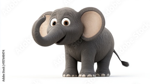 Cute Cartoon Elephant Character With Big Eyes and Happy Expression on White Background