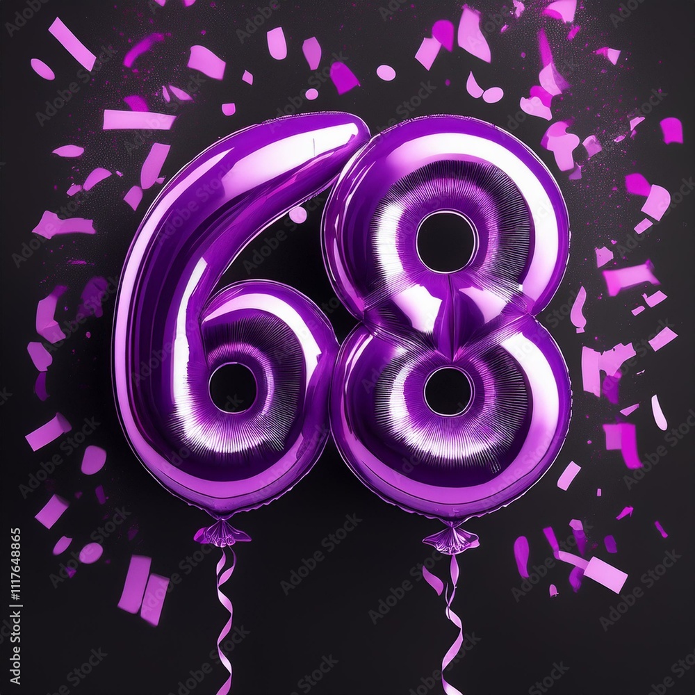 Fototapeta premium Purple birthday / anniversary balloon, number 68, black background with confetti