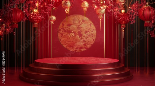 Vibrant Red Podium Adorned with Gold Lanterns and Festive Decor