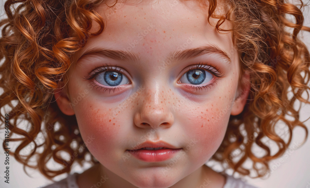 A young girl with red hair and blue eyes. She has a rosy complexion and is smiling A young girl with red hair and blue eyes. She has a rosy complexion and is smiling