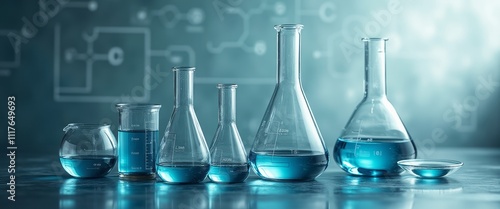 A stunning array of laboratory glassware stands elegantly on a sleek surface, filled with vibrant blue liquids that shimmer under soft lighting. The background features faint scientific diagrams