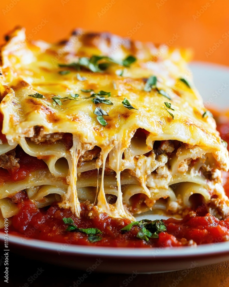 Bubbling slice of lasagna kitchen table food warm lighting profile view delicious comfort food delight Bubbling slice of lasagna kitchen table food warm lighting profile view delicious comfort food delight