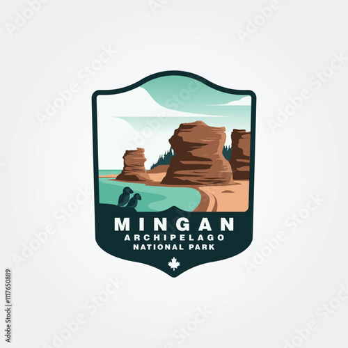 Mingan Archipelago National Park Reserve vintage logo vector illustration design, puffin couple silhouette photo