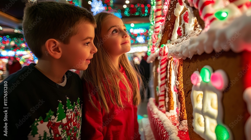 Kids Admiring a Gingerbread House at a Festive Event Kids Admiring a Gingerbread House at a Festive Event