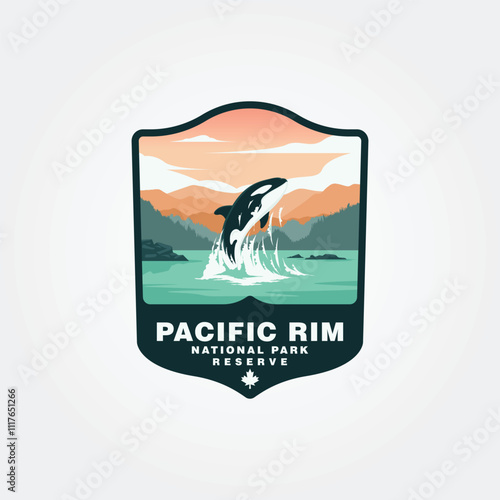 view of an orca whale jumping on pacific rim national park vector logo design