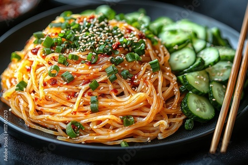 Savoring the vibrant cold skin noodles a culinary journey into liangpi delights at local street markets food urban setting flavorful experience photo