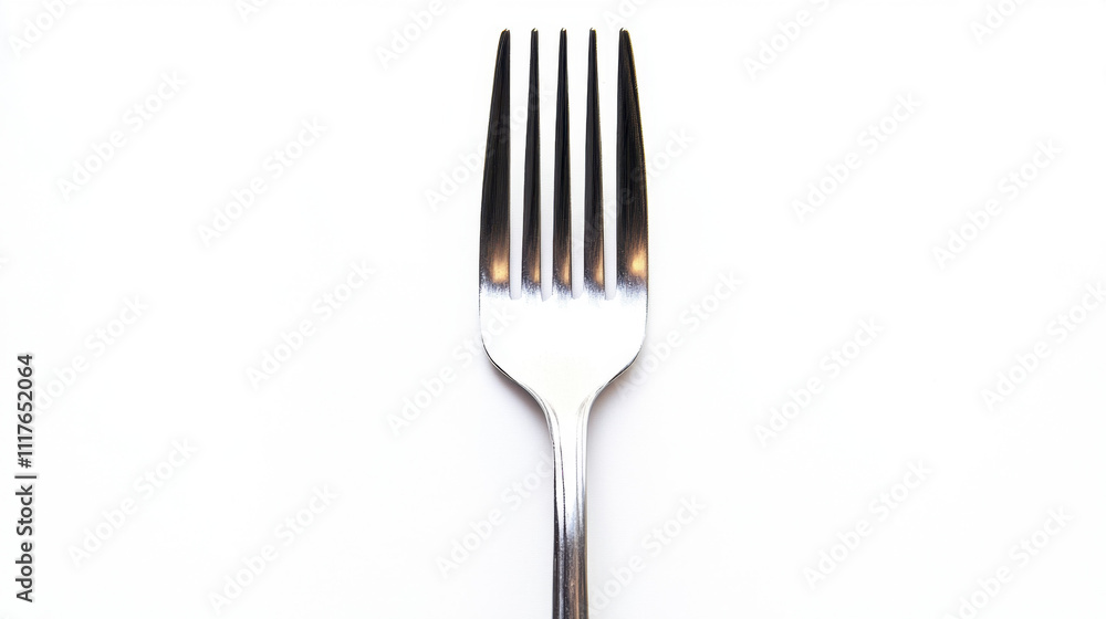Close-up of a shiny stainless steel fork with four tines, set against a clean white background. Close-up of a shiny stainless steel fork with four tines, set against a clean white background.