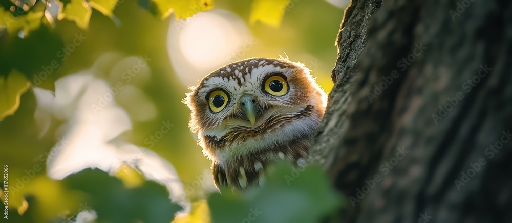 A small owl with large, yellow eyes peers from behind a tree trunk. A small owl with large, yellow eyes peers from behind a tree trunk.