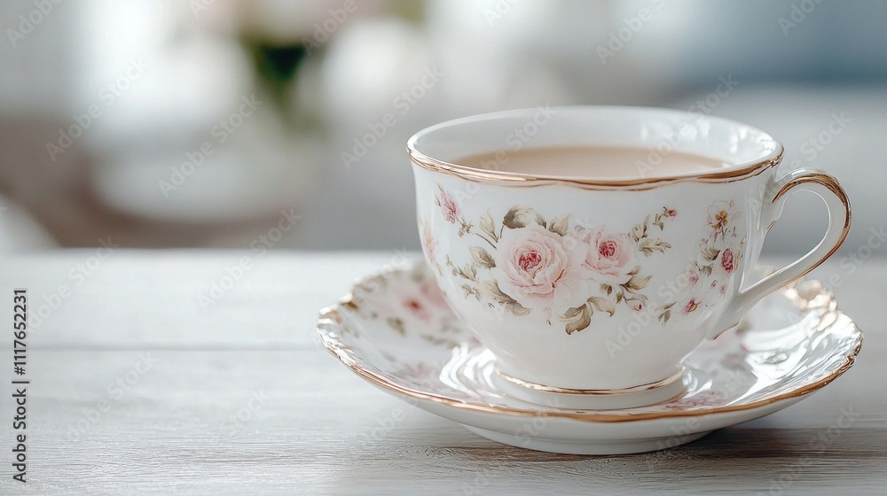 Elegant British Cup of Tea with Milk in Floral Porcelain on Wooden Table Elegant British Cup of Tea with Milk in Floral Porcelain on Wooden Table