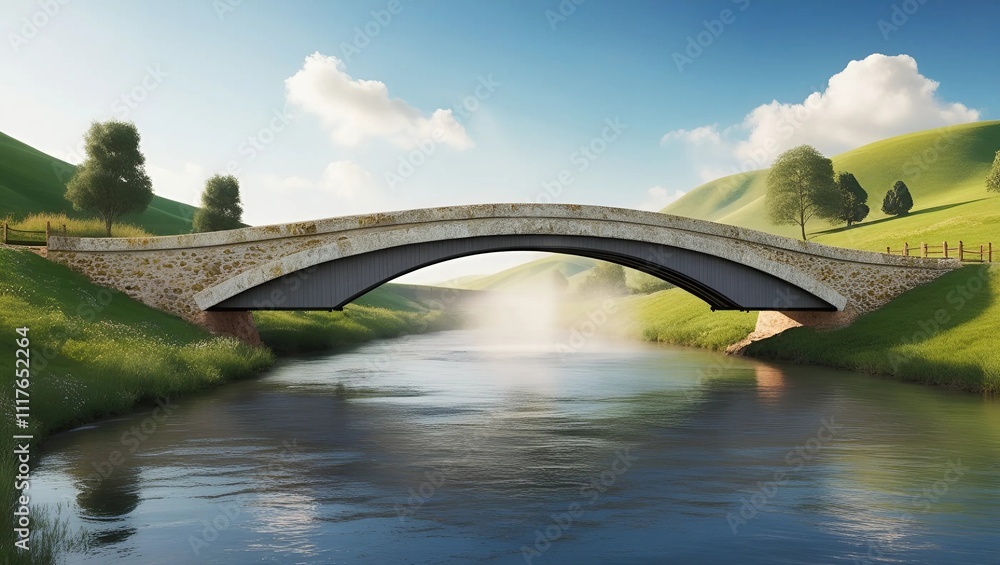 Fototapeta premium A serene arch bridge with a rustic, stone exterior and a worn, wooden deck, elegantly spans a meandering rural river, encircled by lush, emerald green hills, with a few clusters of tall trees and scat