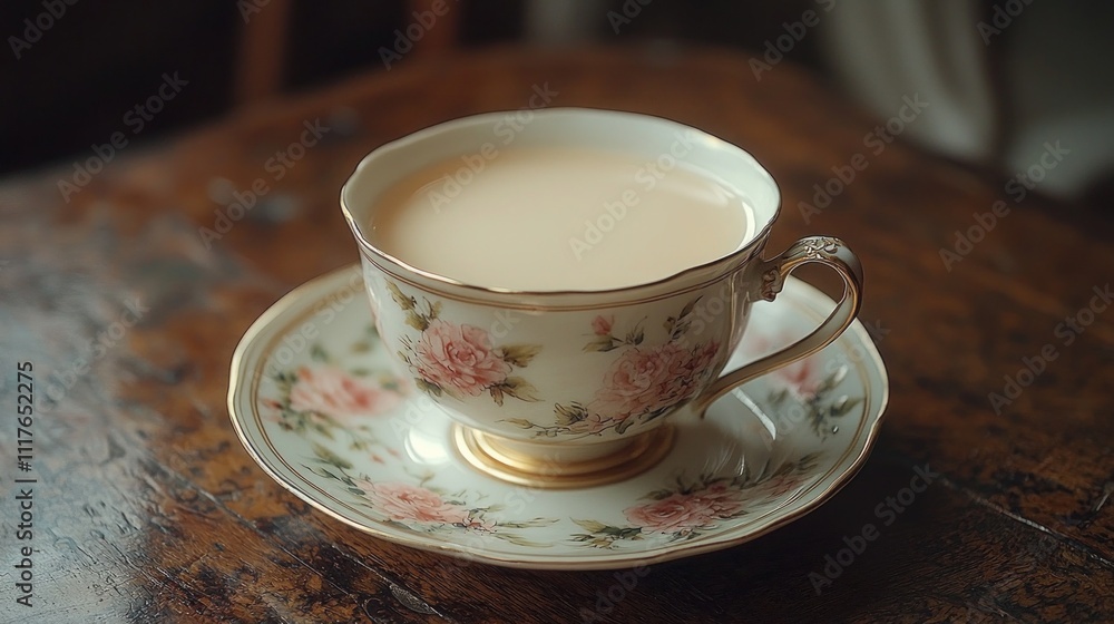 Beautiful British Tea with Milk in Elegant Cup on Wooden Table Setting Beautiful British Tea with Milk in Elegant Cup on Wooden Table Setting