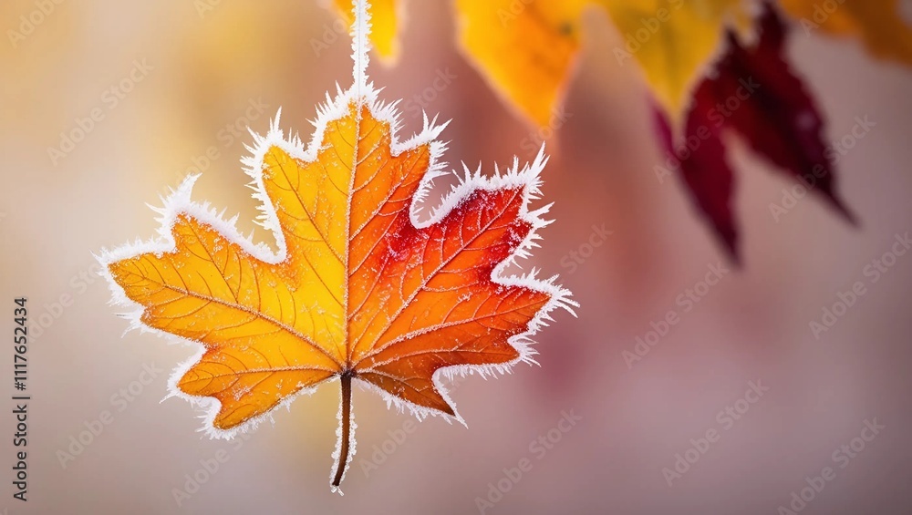 A solitary, intricately detailed, frost-covered autumn leaf is suspended against a soft, muted background, its vivid colours bursting with vibrancy, showcasing an mesmerizing array of golden yellows, A solitary, intricately detailed, frost-covered autumn leaf is suspended against a soft, muted background, its vivid colours bursting with vibrancy, showcasing an mesmerizing array of golden yellows,