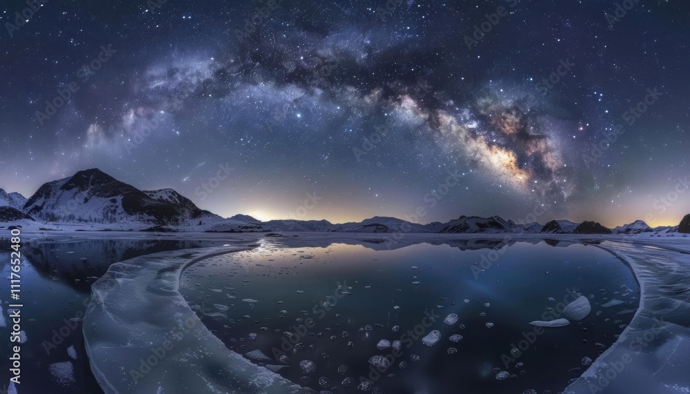 Stunning night sky over icy landscape, reflecting the Milky Way. Stunning night sky over icy landscape, reflecting the Milky Way.