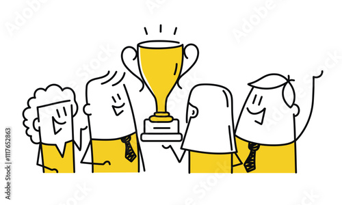 Cartoon drawing of four people holding a trophy. The trophy is yellow and has a gold rim. The people are smiling. Hand drawn vector illustration. Black and white.