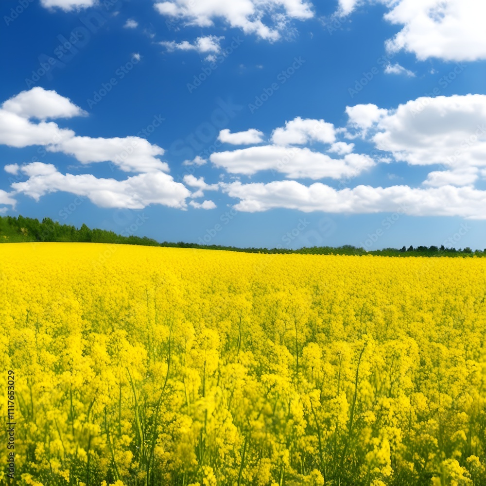 A field of yellow rapeseed flowers with a blue sky. A field of yellow rapeseed flowers with a blue sky.