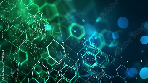 An abstract background with interconnected hexagonal patterns and glowing nodes in shades of green and blue
