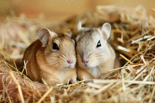Two adorable gerbils snuggling in a cozy nest of straw.