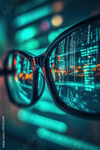 Wallpaper Mural Close-up of glasses reflecting digital data and technology visuals. Torontodigital.ca