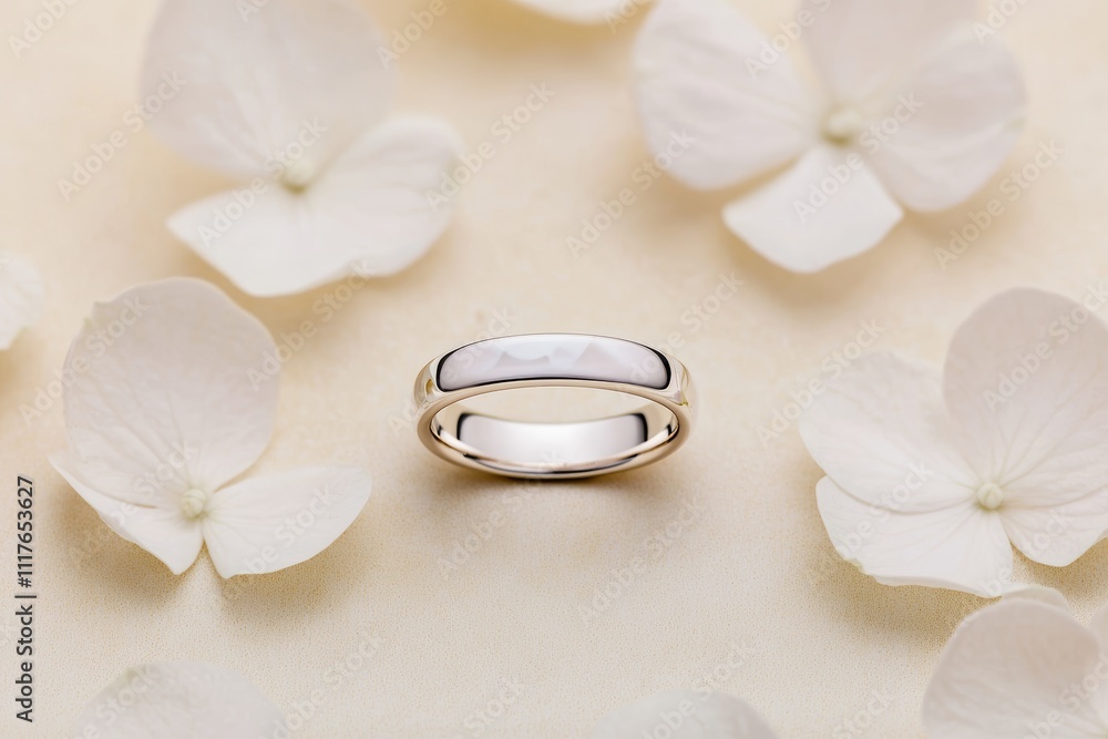 Elegant Simplicity, A wedding band rests delicately on soft white petals, creating romantic Elegant Simplicity, A wedding band rests delicately on soft white petals, creating romantic