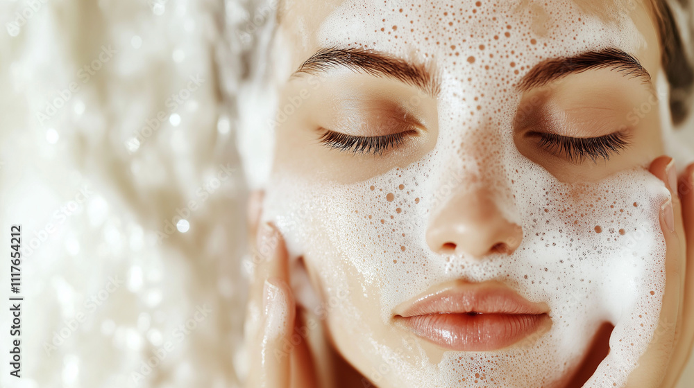 Frau mit cremig-weißer Gesichtsmaske bei der Hautpflegeroutine. Frische, natürliche Beauty-Aufnahme mit pflegender Reinigungsschaum Frau mit cremig-weißer Gesichtsmaske bei der Hautpflegeroutine. Frische, natürliche Beauty-Aufnahme mit pflegender Reinigungsschaum