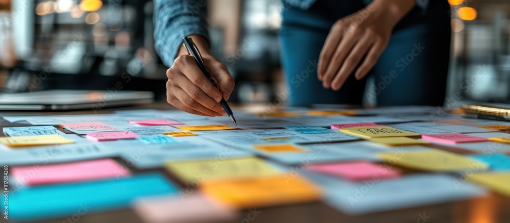Close up of a person's hand writing on a sticky note on a table covered in sticky notes. Close up of a person's hand writing on a sticky note on a table covered in sticky notes.