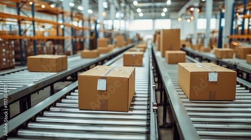 Production line in a factory, with a tall carton boxes on it.