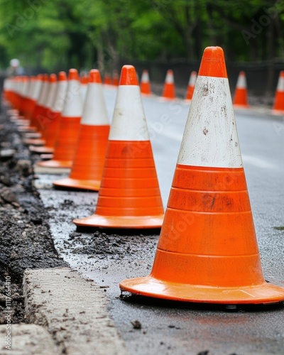 A row of orange traffic cones lining a road under construction. photo