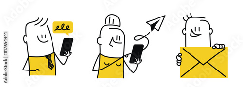 Set of people, message, envelope, sending a message. Hand drawn vector illustration. Black and white.