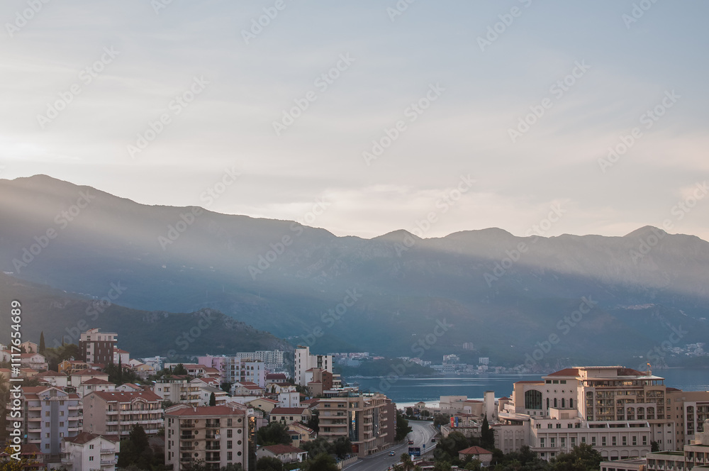 Obraz premium View of the village of Becici at sunrise, Montenegro