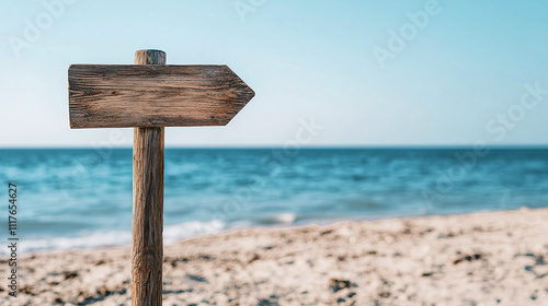 Wallpaper Mural Weathered wooden arrow signpost placed on a sandy beach with the ocean and blue sky in the background Torontodigital.ca