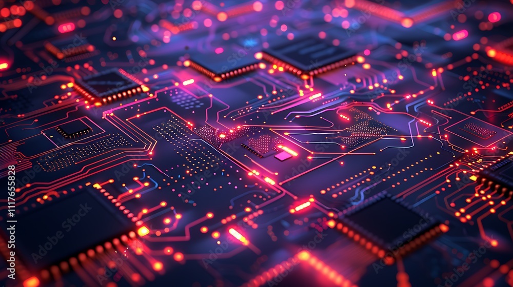 An abstract background with glowing circuits and microchips, creating a detailed digital texture An abstract background with glowing circuits and microchips, creating a detailed digital texture