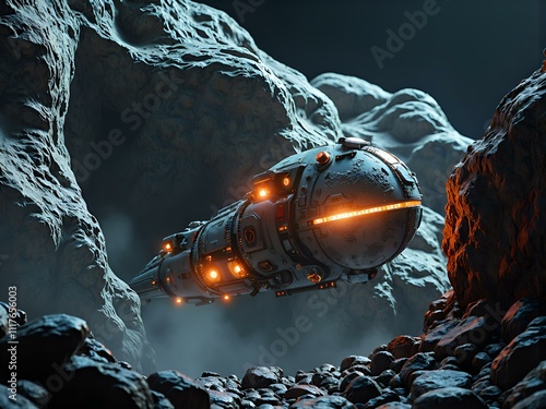 Futuristic spacecraft navigating an asteroid cavern in a distant galaxy s uncharted terrain, 3d rendering of sci fi concept. photo