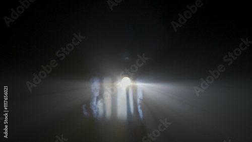 Tablou pe pânză Bright liner white spotlights rays of professional lighting equipment shining in darkness on black background smoke streaming through, middle shot