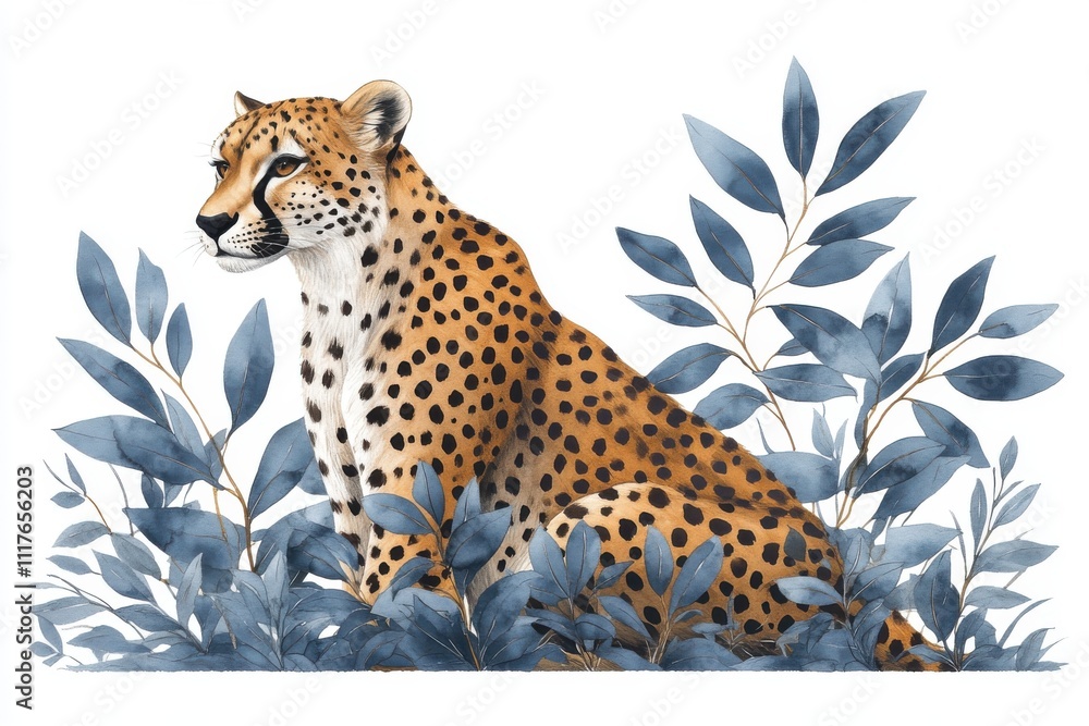 Naklejka premium A detailed illustration of a leopard surrounded by blue foliage.