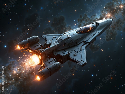 Wallpaper Mural A sleek starship gliding through the cosmic abyss with fiery thrusters and a luminous background, digital art of space exploration concept. Torontodigital.ca