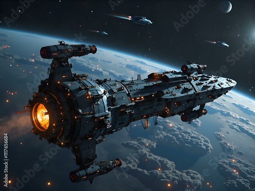 Wallpaper Mural Futuristic spacecraft gliding through the cosmos with glowing engines and distant planets, digital art of sci fi concept. Torontodigital.ca