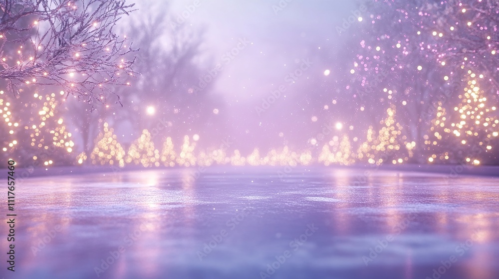 A serene winter landscape with glowing trees and a reflective icy surface. A serene winter landscape with glowing trees and a reflective icy surface.