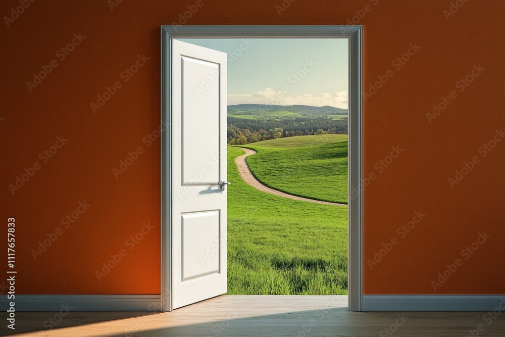 Fototapeta premium white door opening to a green field 
