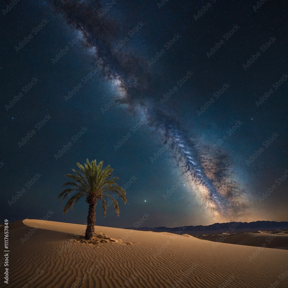 A vast desert landscape with rolling sand dunes, a lone palm tree, and a breathtaking starry night sky. A vast desert landscape with rolling sand dunes, a lone palm tree, and a breathtaking starry night sky.