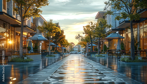 Fototapeta Naklejka Na Ścianę i Meble -  Project contains hyper market and retails and restaurants and small hotel small separate buildings and landscape, walkways, outdoor sitting areas.