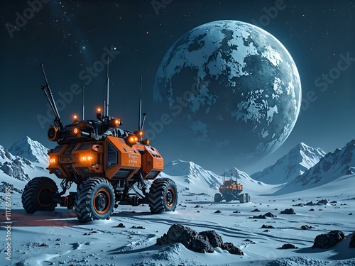 Wallpaper Mural Futuristic exploration rovers on an icy moon under a starlit sky with a large celestial body, digital art of sci fi concept. Torontodigital.ca