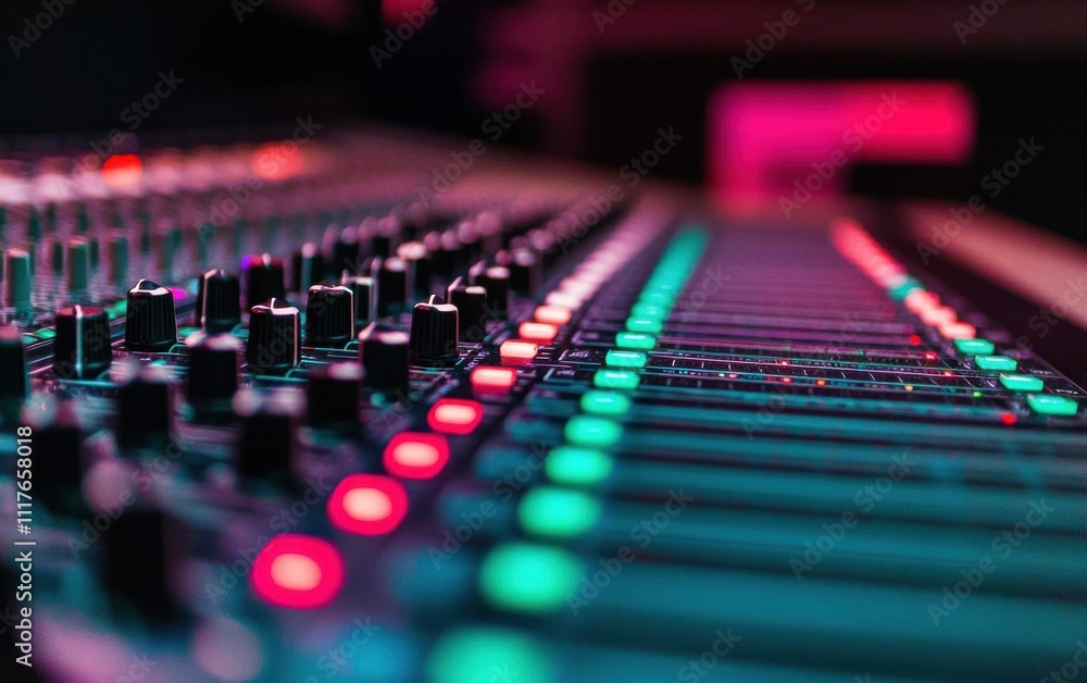 Closeup of faders and knobs on a modern mixing console, studio lighting adding depth and mood Closeup of faders and knobs on a modern mixing console, studio lighting adding depth and mood