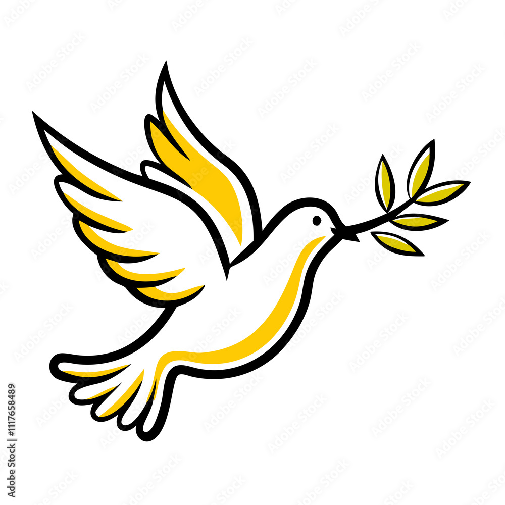 A white dove with yellow accents carries an olive branch in its beak, symbolizing peace. A white dove with yellow accents carries an olive branch in its beak, symbolizing peace.