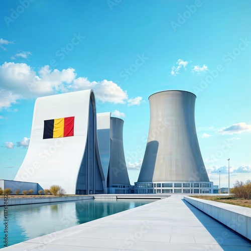 Nuclear Power Plant. Modern nuclear power plant with cooling towers and Belgian flag, reflecting in a nearby water channel under a clear blue sky. photo